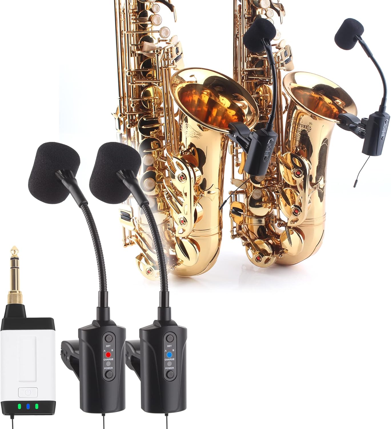 Double Microphone for Saxophone Q2/ST-5 Wireless Sax Microphone Instrument UHF Condenser Pick Up Clip-on Mic Receiver and 2 Transmitter System for Saxophone French Horn Trumpet Trumbone