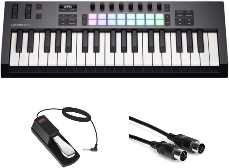 Novation Launchkey 37 MK4 USB MIDI Keyboard Controller (37-Key) Bundle with Auray FP-P1L Universal Piano-Style Sustain Pedal, Hosa Mid-310 Black 10 ft. Midi cable