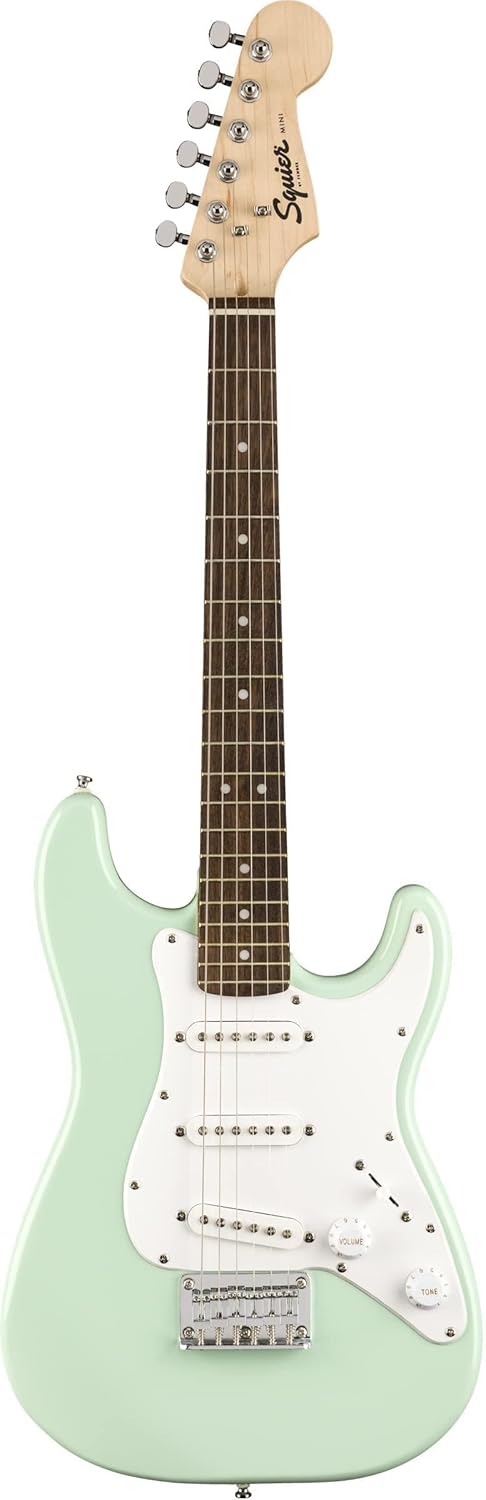 Fender Squier 3/4-Size Kids Mini Strat Electric Guitar - Surf Green Bundle with Amplifier, Cable, Tuner, Strap, Picks, Online Lessons, and Austin Bazaar Instructional DVD