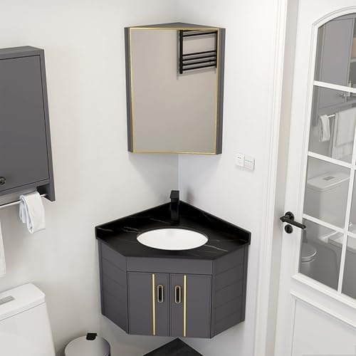 Modern Corner Wall Mount Bathroom Sink with Storage - Space-Saving Floating Vanity, Slim Design, Ideal Small Bathroom Cabinet for Efficient Space Utilization