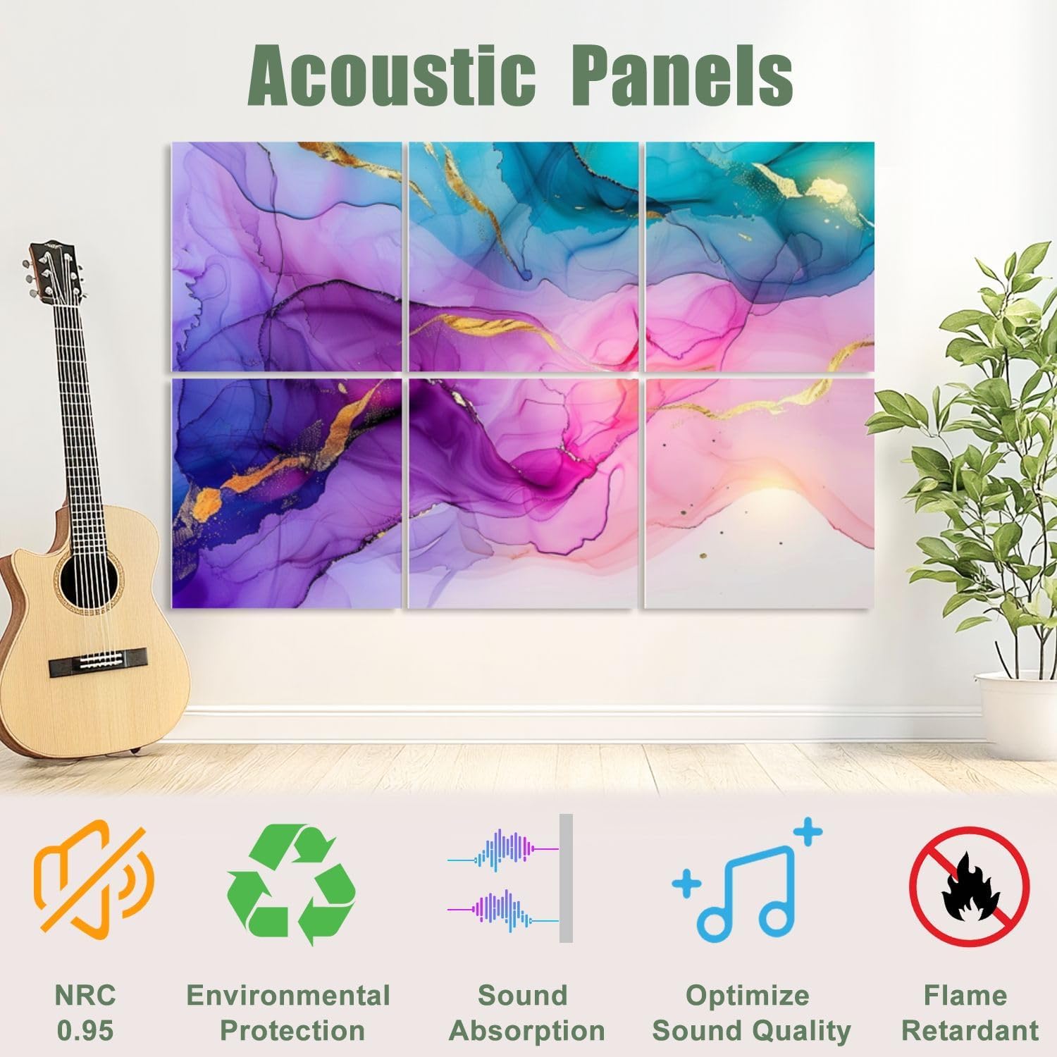 6 Pack Art Acoustic Panels Sound Absorbing Colorful Marble Mural Flowing Colors Gold Veins Purple Hues Blue Tones Decorative Soundproof Wall Panels Self Adhesive for Recording Studios Office 72