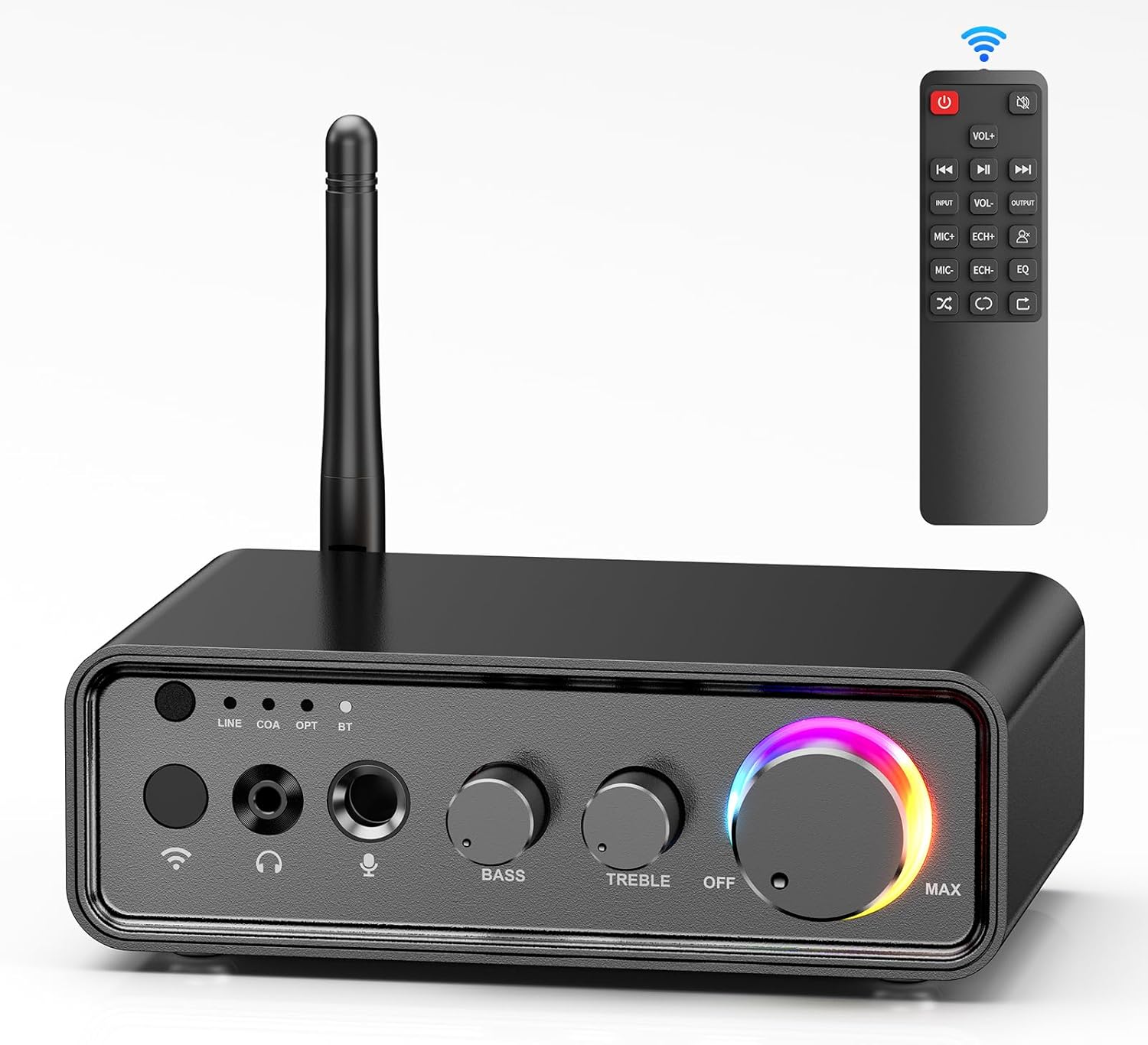 M19 BT Amplifier Stereo Receiver, Bluetooth 5.3 Mini Amplifier 2 Channels 100W x2 HiFi Class D Amp with RCA/Optical/Coaxial/Mic Input and Bass Treble Control for Home Outdoor Speakers