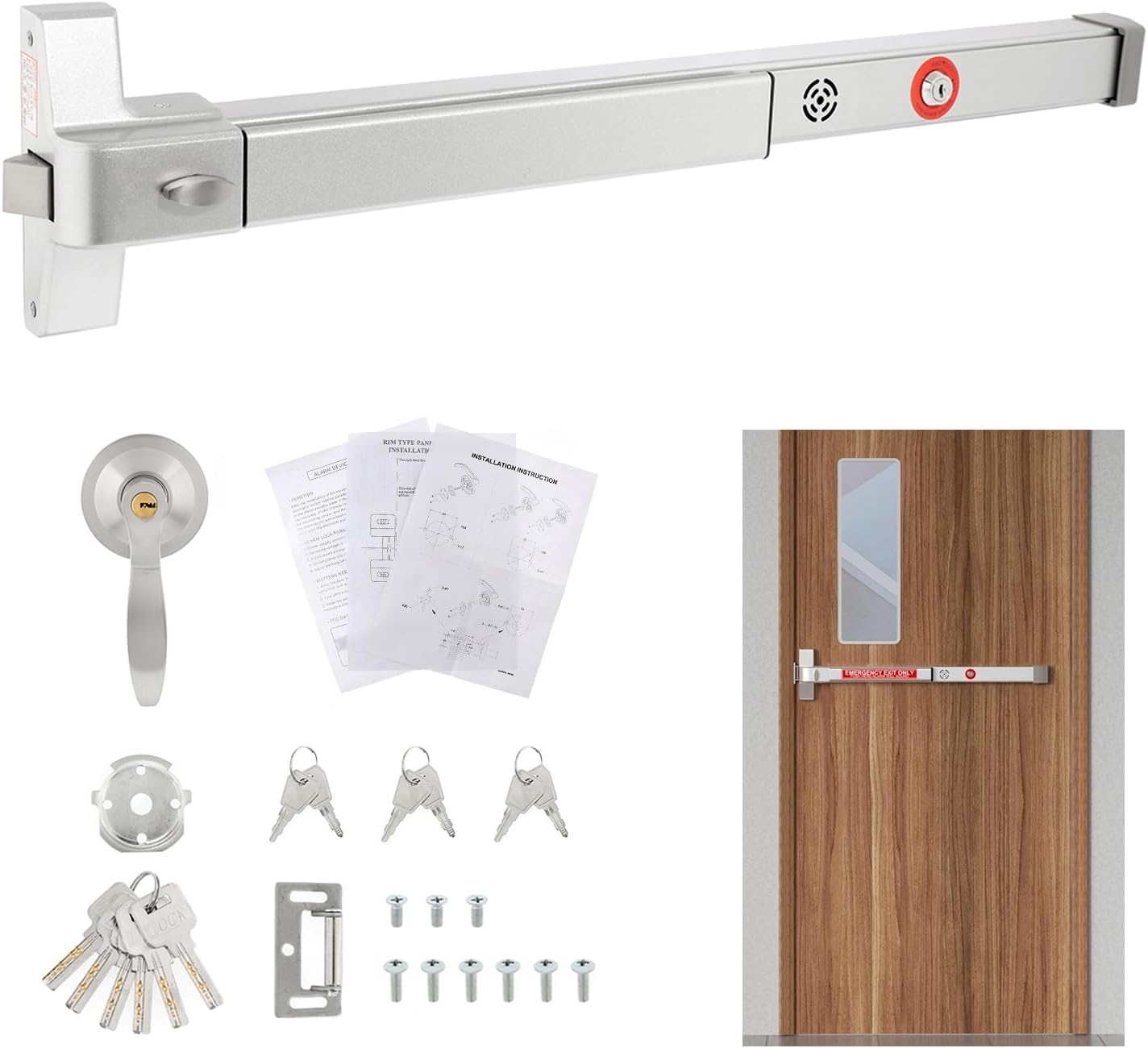 BEAMNOVA Commercial Door Push Bar Panic Exit Device with Alarm Exterior Lever Lock Key Roller Strike Plate End Cap Universal Hardware Parts, for 27.5 to 41 inches Wide Door, Metallic