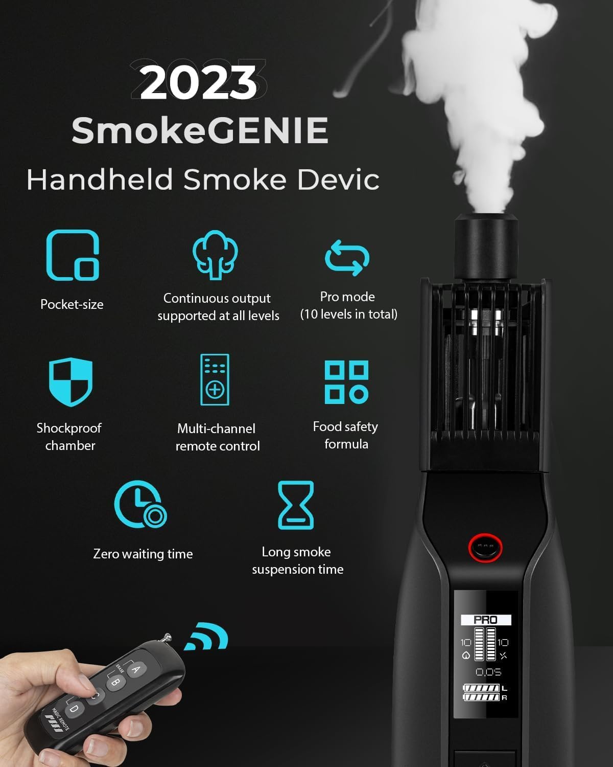 PMI SmokeGENIE Mini Smoke Machine, 500CFM Mist Power, Food Safe Formula, with Remote Control, Haze Fan, Multiple Adapters for Different Smoke Effects