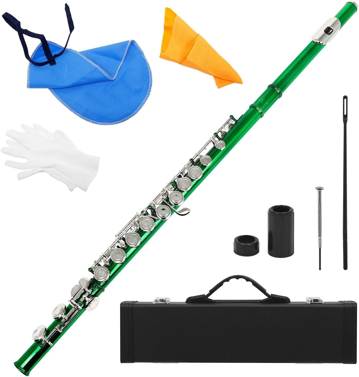 Flutes Flute Cupronickel Plated Silver 16 Holes C Key Woodwind Instrument with Gloves (Color : Green)