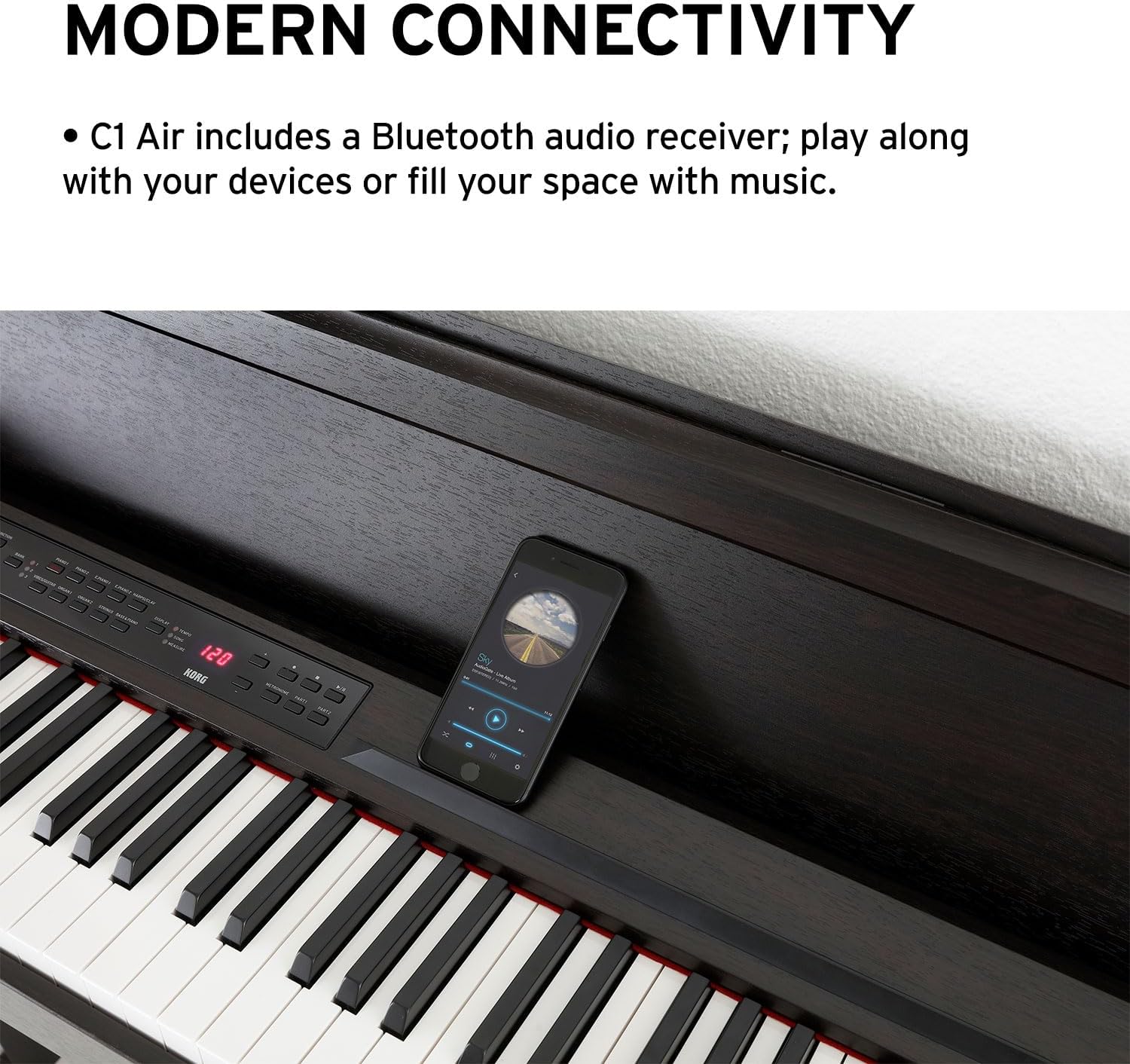 Korg C1 Air Bluetooth 88 Key Digital Piano with Real Weighted Hammer Action 3 Keyboard, Black with Rosewood Grain