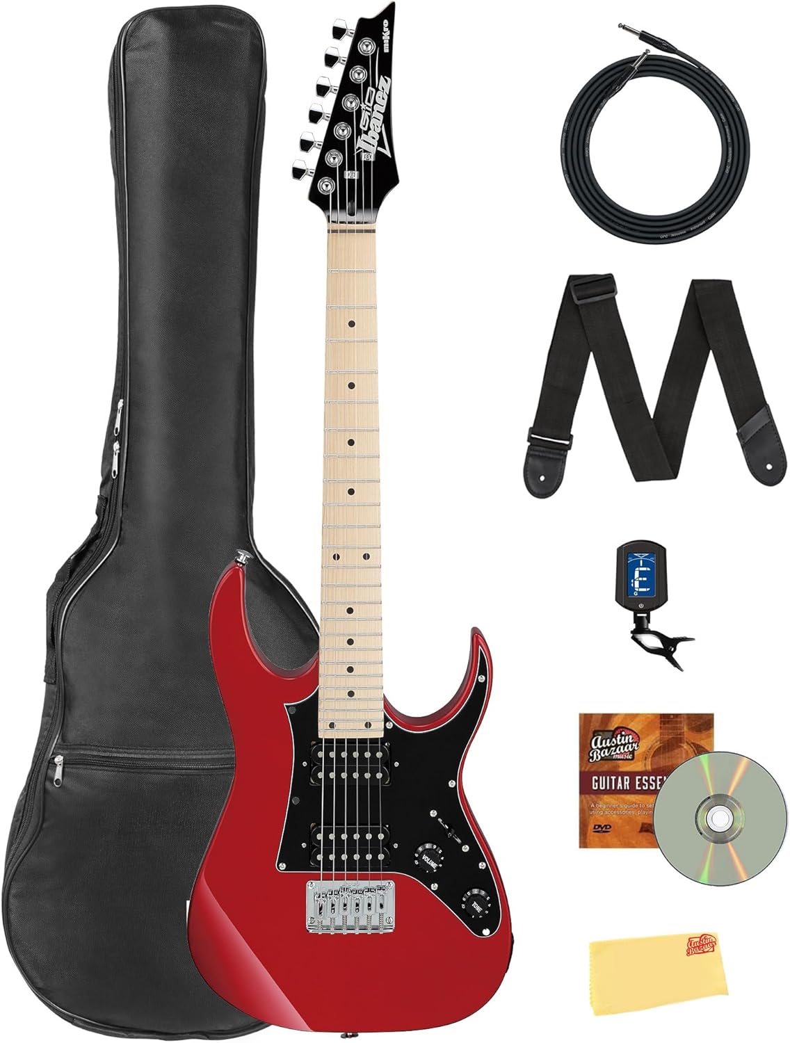 Ibanez GRGM21M RG Gio miKro Short-Scale Electric Guitar - Candy Apple Bundle with Gig Bag, Tuner, Instrument Cable, Strap, Austin Bazaar Instructional DVD, and Polishing Cloth
