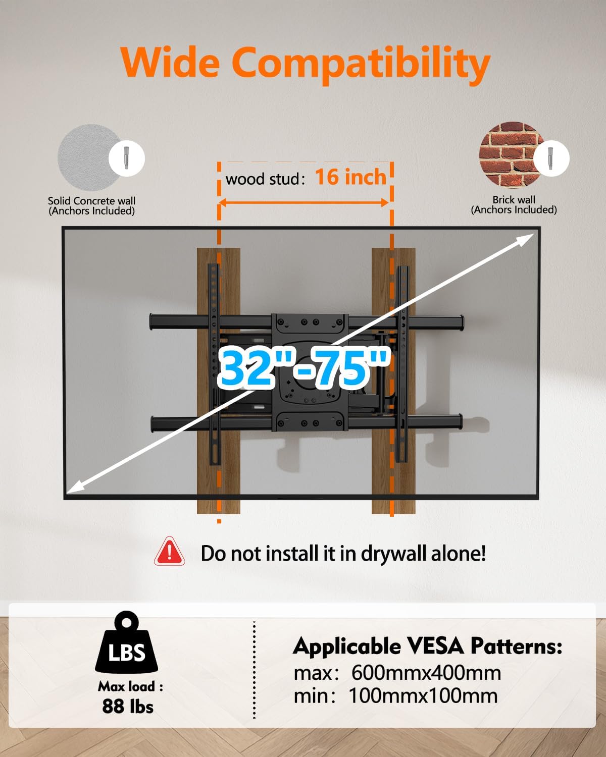 Long Arm TV Wall Mount with 25.6 inch Extension, Corner TV Mount Full Motion Heavy Duty for 32-75''Screens, Load 88 lbs,Max VESA 600x400mm, Shift The Arm Span to Left