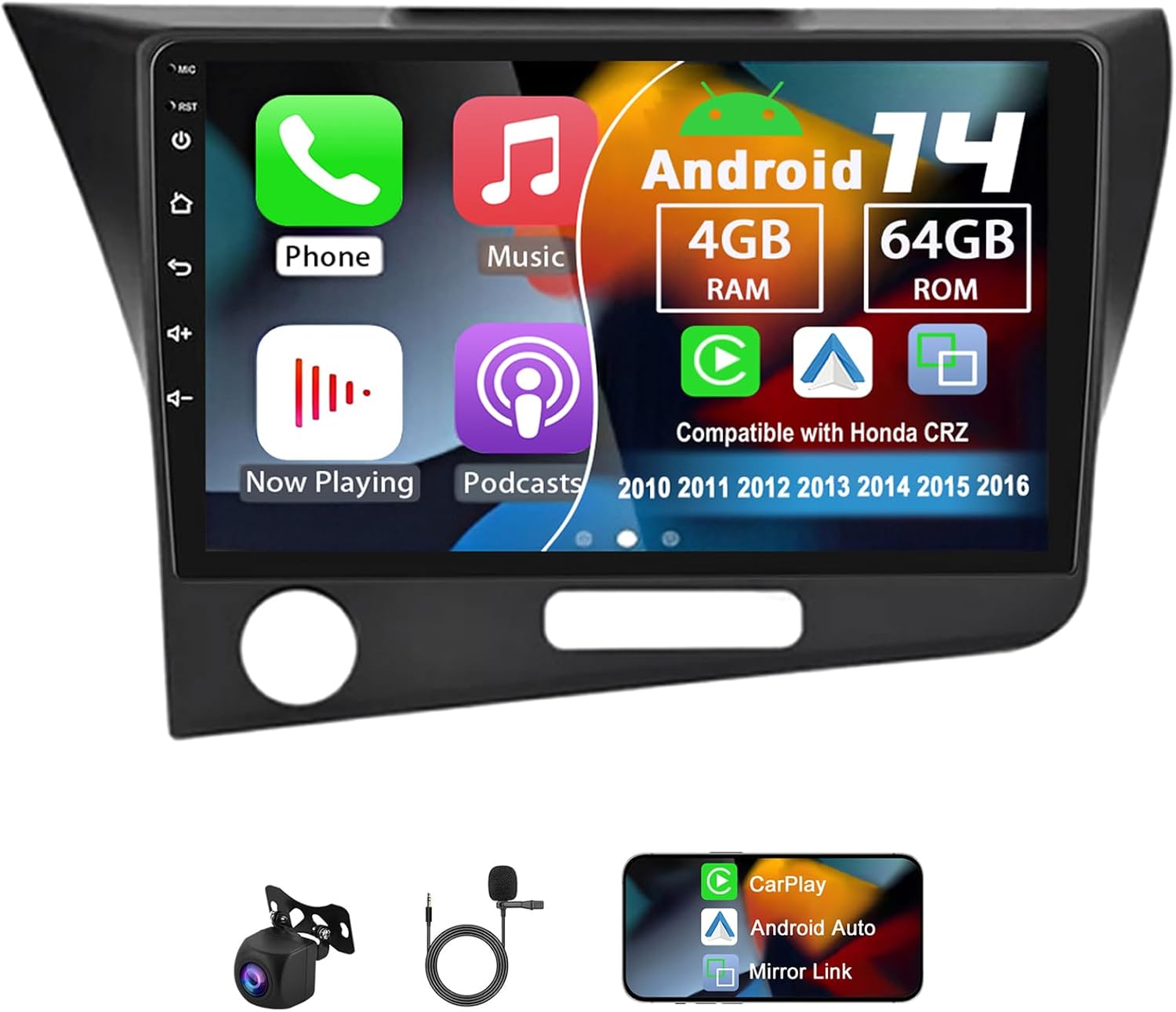 Android 14 Double Din Car Radio Compatible with Honda CRZ 2010 2011 2012 2013 2014 2015 2016, 4G+64G 9