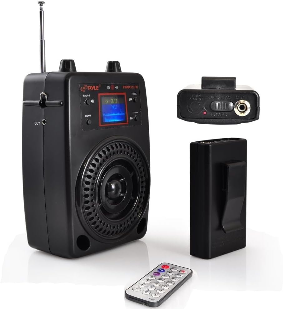 Pyle Portable PA System, Wireless Microphone Kit, Compact Stereo System, FM Radio, LCD Display, USB, Rechargeable Battery, Includes Lavalier Microphone Headset, Outdoor Surround Sound (PWMA83UFM)