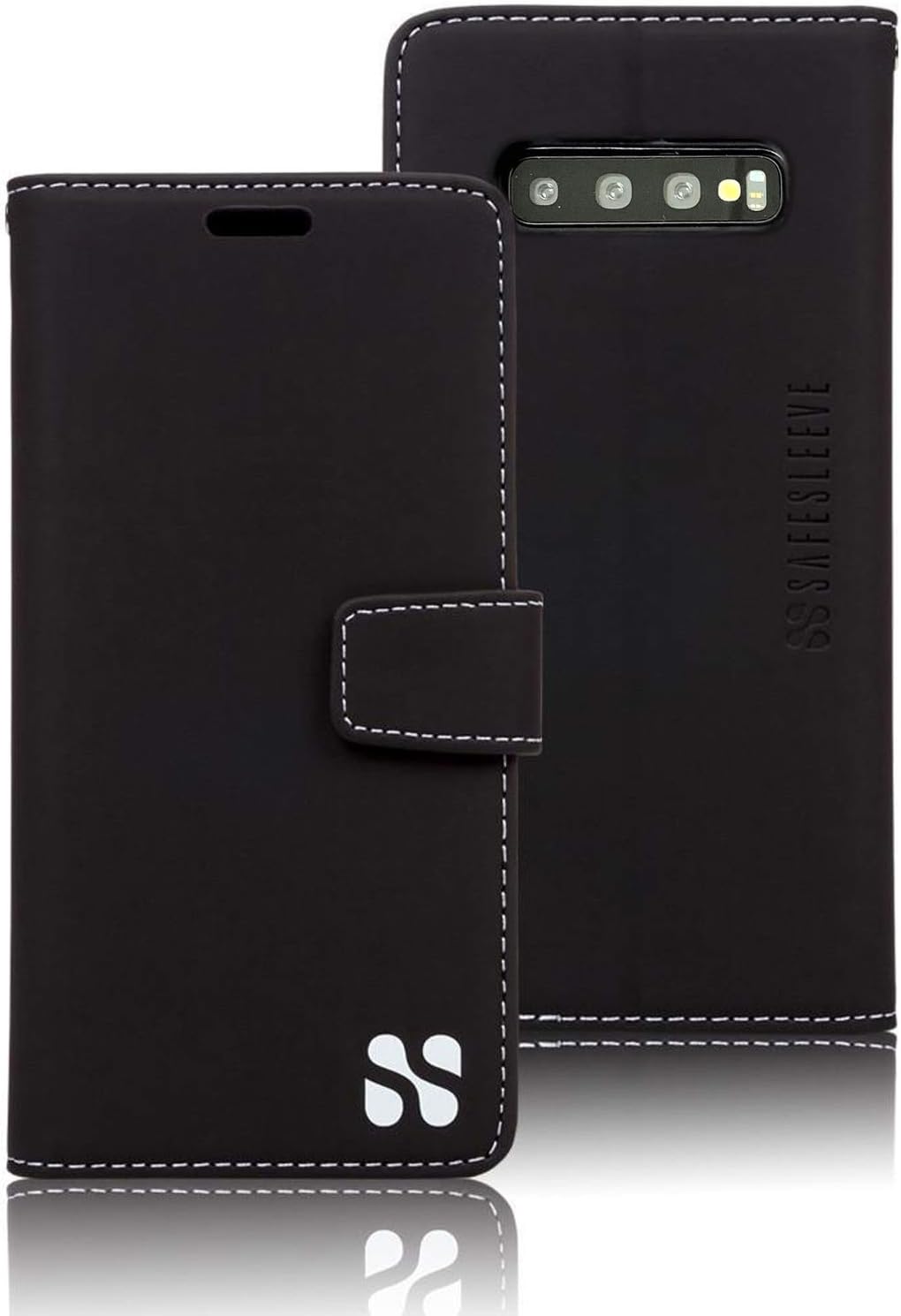 SafeSleeve EMF Protection Anti Radiation Galaxy Case: Galaxy S10 Plus RFID Card Holder Blocking Wallet, Adjustable Stand Cell Phone Case, Vegan Leather for Women & Men (Black)
