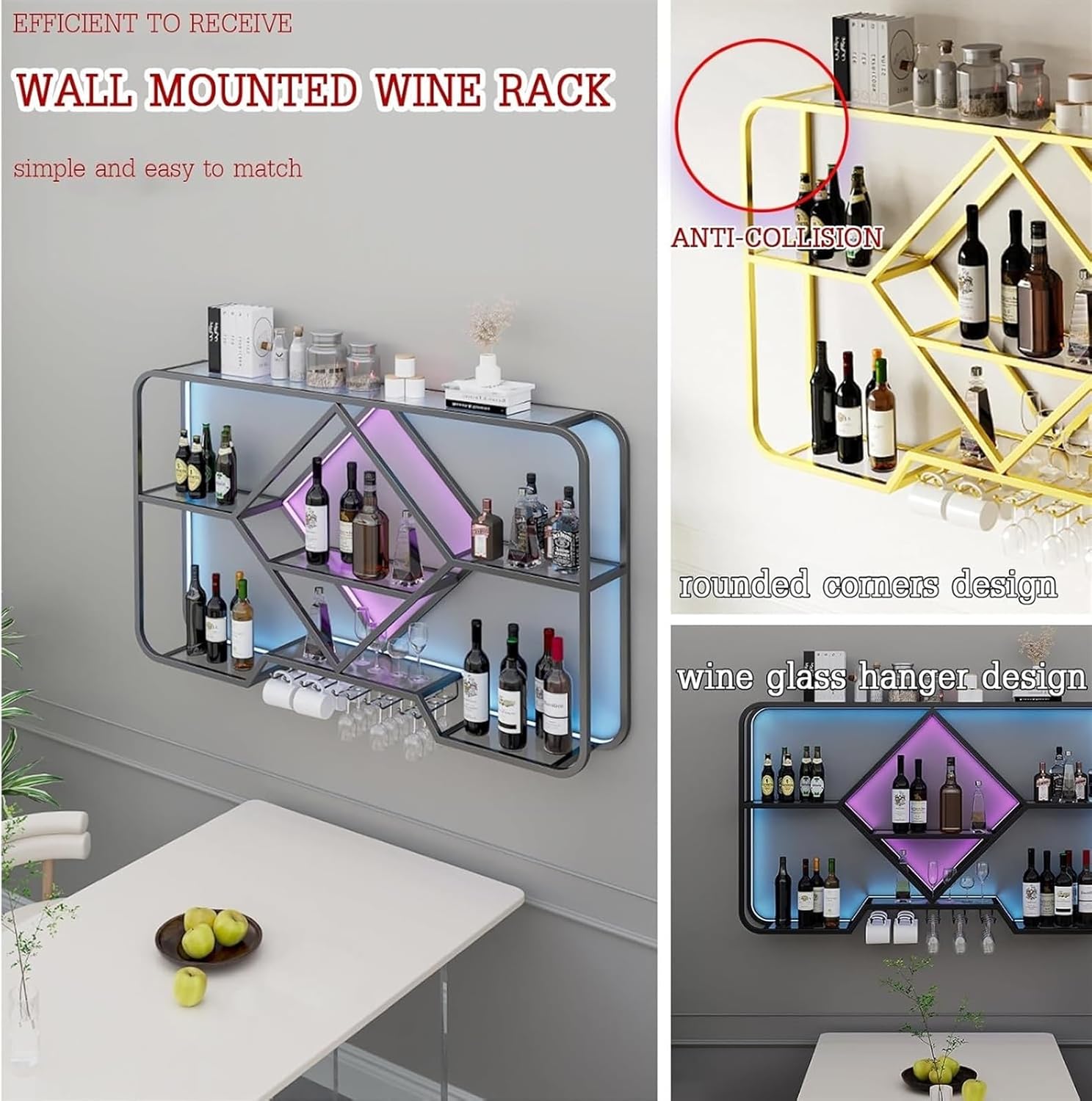 Floating Shelves with Hanging Wine Glass Rack for Whiskey Bottles Corner Bar Organizer Display Rack for Mini Bar Wall Mount Bottle Display Shelf (Black Light 100cm)