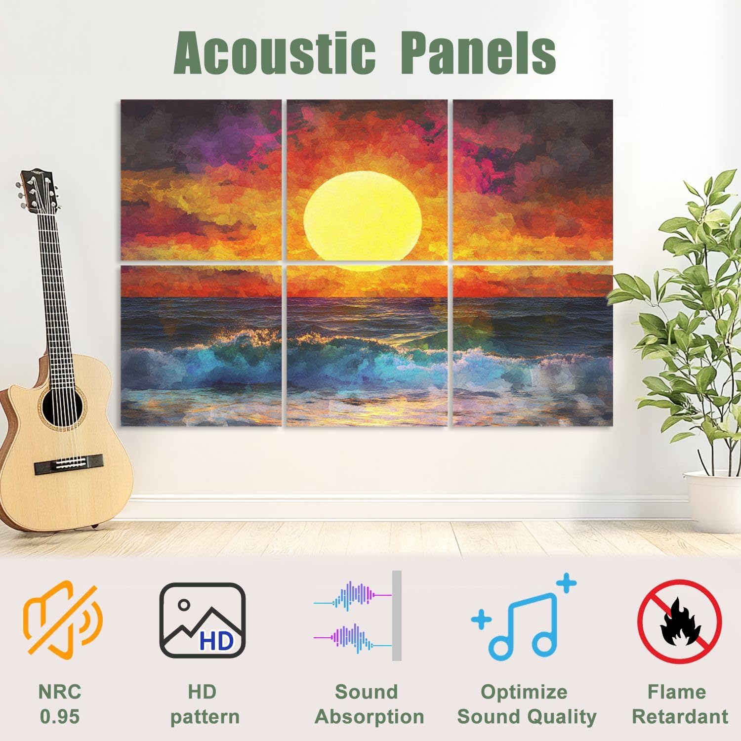6 Pack Art Acoustic Panels Sound Absorbing Colorful Abstract Geometric Sunset Sea Pictures Bright Ocean Waves Sky Decorative Soundproof Wall Panels Self Adhesive for Recording Studios Office 72