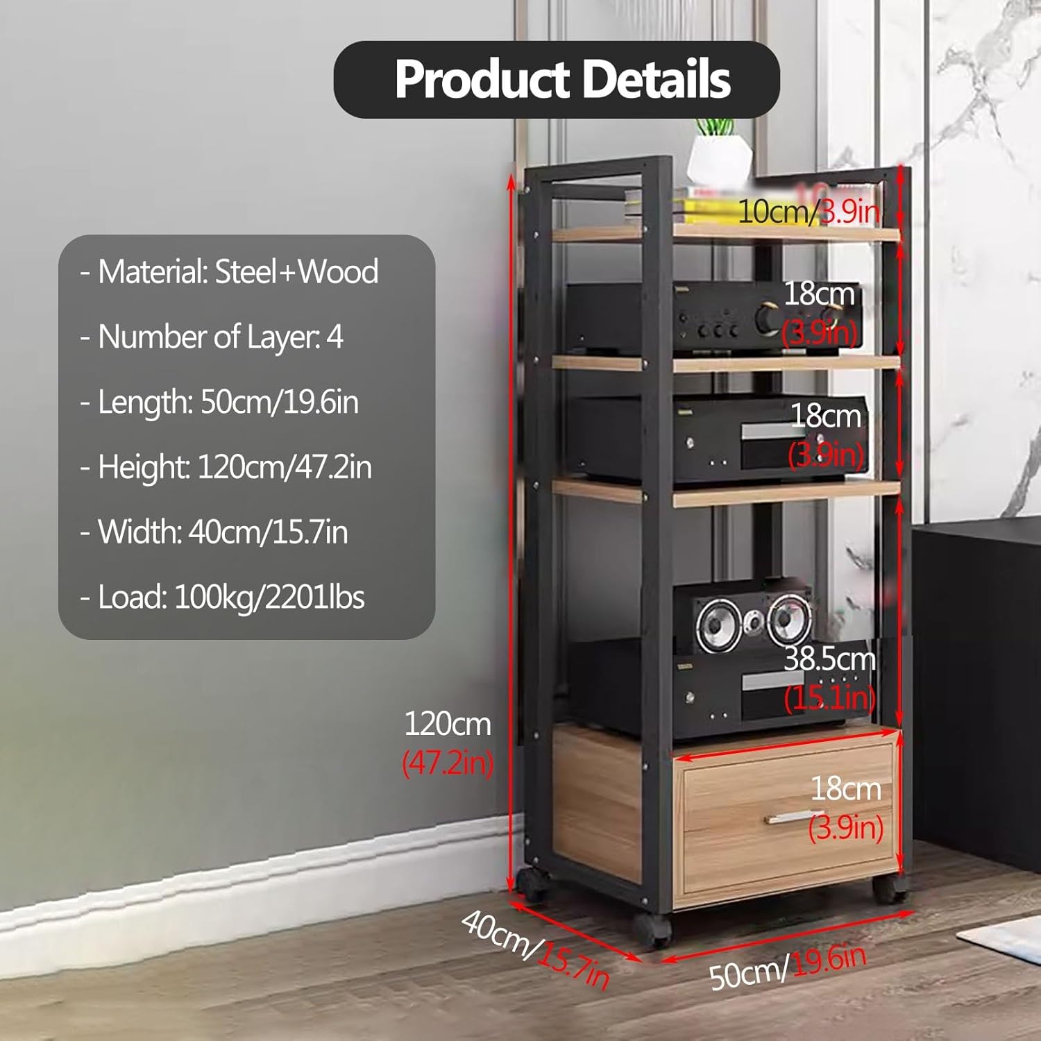 Av Media Stand Corner Shelf - Rack Audio Tower with Adjustable Shelves - 79 100 120Cm Tall Shelf Stand with Wheels - Audio Equipment Rolling Cart Rack Portable for Home,4Tiers-120cm Tall