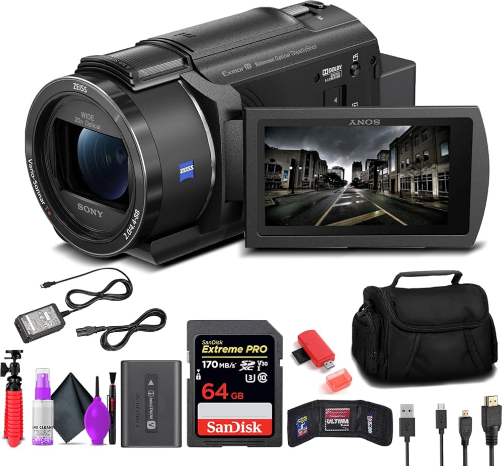 Sony FDR-AX43 UHD 4K Handycam Camcorder (FDRAX43/B) + 64GB Memory Card + Bag + Card Reader + Flexible Tripod + Memory Card Wallet + Lens Cleaning Kit - Bundle