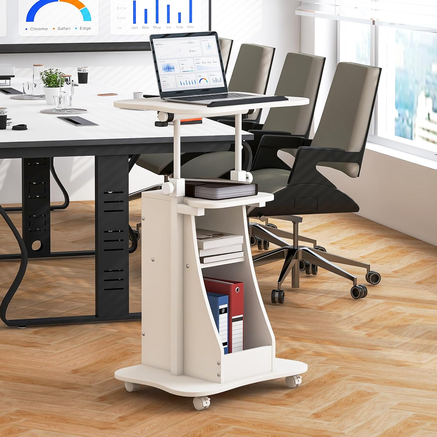 Tangkula Mobile Lectern Podium, Height Adjustable Podium Stand, Standing Sit-to-Stand Desk, Rolling Cart Laptop Desk with Swivel Top Movable Wheels & Storage