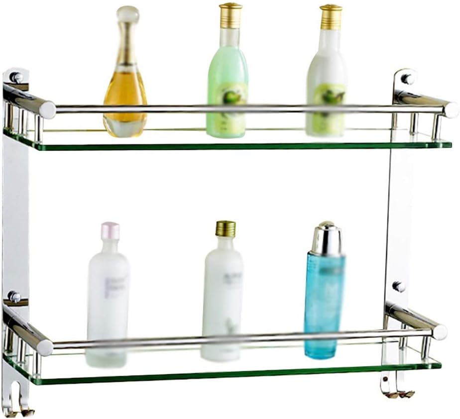 Shower Organiser Transparent Glass 304 Stainless Steel Wall-Mounted 2 Tiers Hook Up Towel Rack, 3 Styles, 3 Sizes (Size : #A-60x12x38cm)