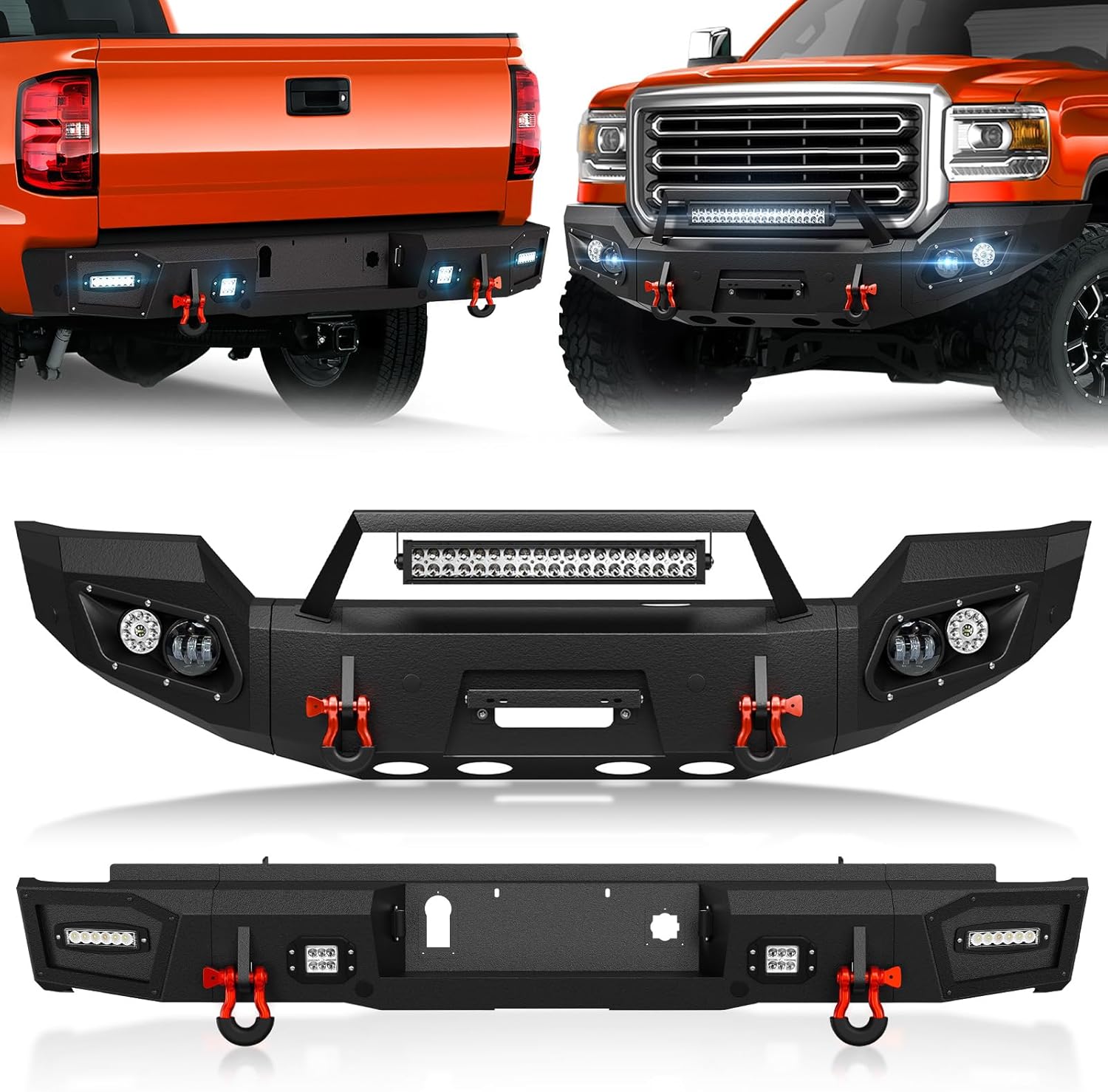 Black Pickup Truck Front & Rear Bumpers Compatible with 2015-2019 GMC Sierra 2500 3500 HD with Winch Plate, Sensor Holes, Paintable Armor, License Plate Bracket & D-rings