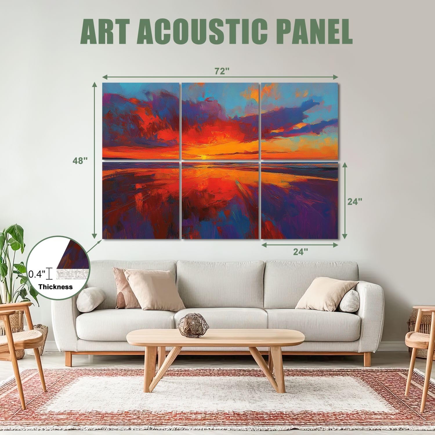 6 Pack Art Acoustic Panels Sound Absorbing Colorful Ocean Sunset Abstract Beach Orange Red Warm Sunrise Large Decorative Soundproof Wall Panels Self Adhesive for Recording Studios Office 72