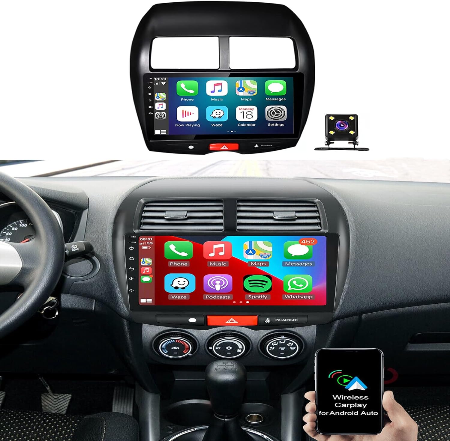 Android 13 Car Radio Stereo, 10'' Touch Screen Double Din Car Audio fit for Mitsubishi ASX 2010-2017 with Carplay & Android Auto GPS WiFi Bluetooth Mirror Link Backup Camera [2+32G]