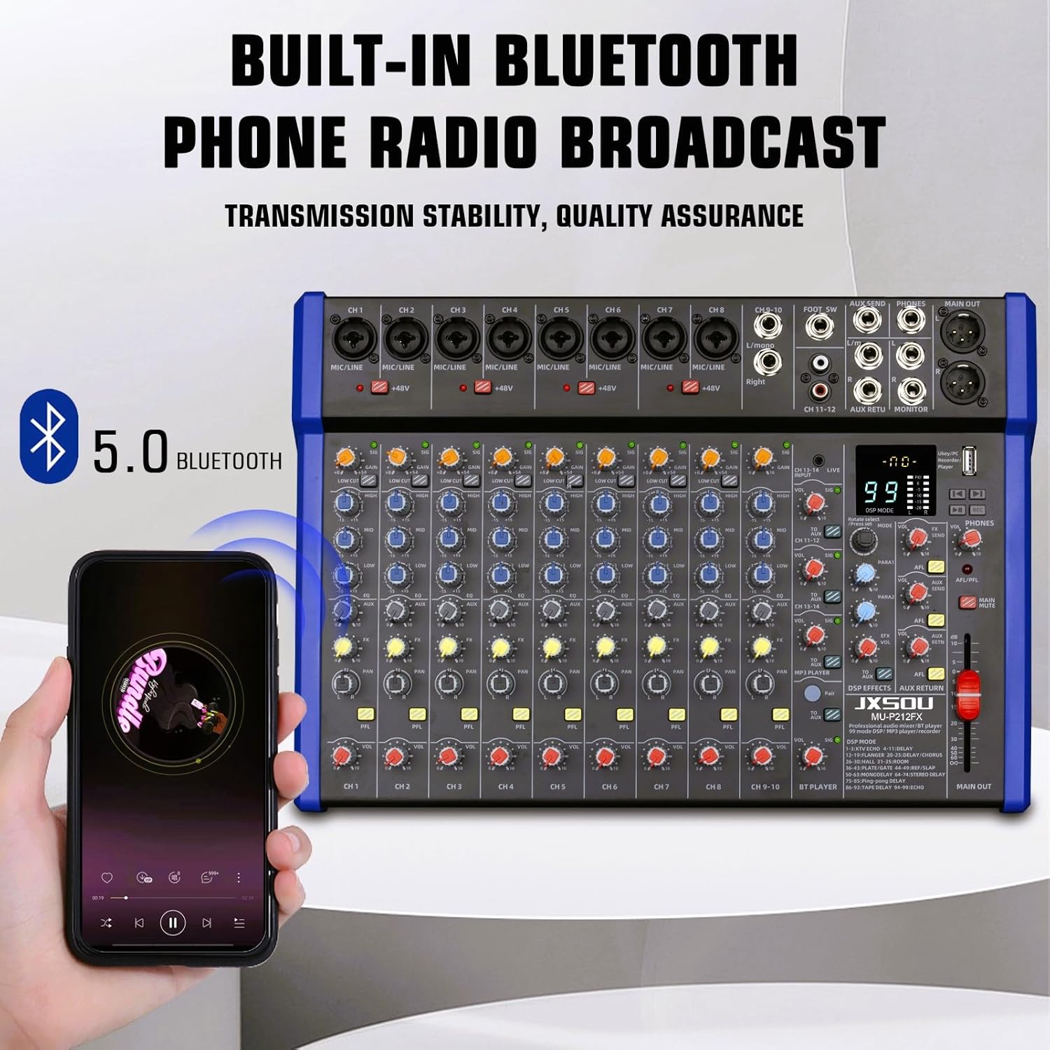 14-Channel Audio Sound Mixer Board, Bluetooth Studio Mixing Console XLR Microphone Jack 99 DSP DJ Mixer Audio Reverb Effect +48V Phantom Mixer For Karaoke Studio Streaming Recording