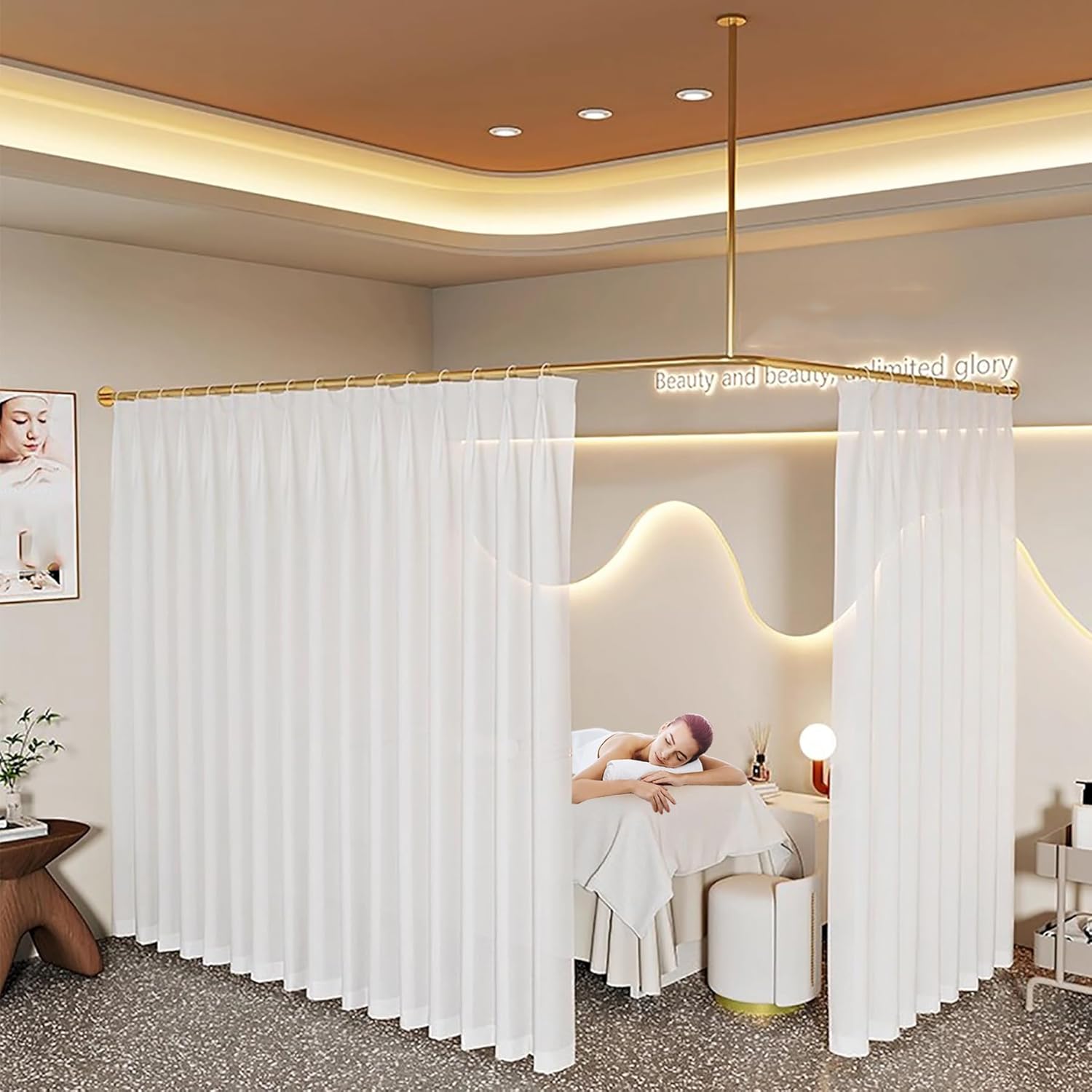 L-Shaped Room Divider Curtain, 90x47in Corner Sheer Voile Privacy Screen for Beauty Salon, Studio Apartment, Bedroom Partition, Decorative Wall Mount Privacy Curtains with Metal Rods (White)