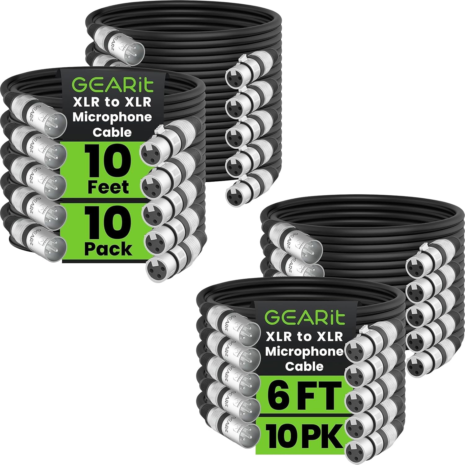 GEARit XLR Cable (10 ft 10 Pack) Bundle (6 ft 10 Pack), Male to Female Microphone Cable 3-Pin Balanced Shielded Mixer, Recording Studio, Podcast