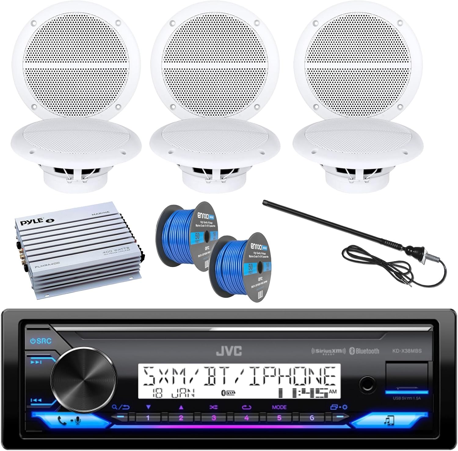 JVC Bluetooth Marine Car Receiver, 6 x Enrock Boat 6.5 Inch Weather Resistant Speakers, Pyle 4 Channel Waterproof Amp, Enrock Boat Outdoor Antenna, Enrock Audio Spool of 100 Foot 16-Gauge Speaker Wire
