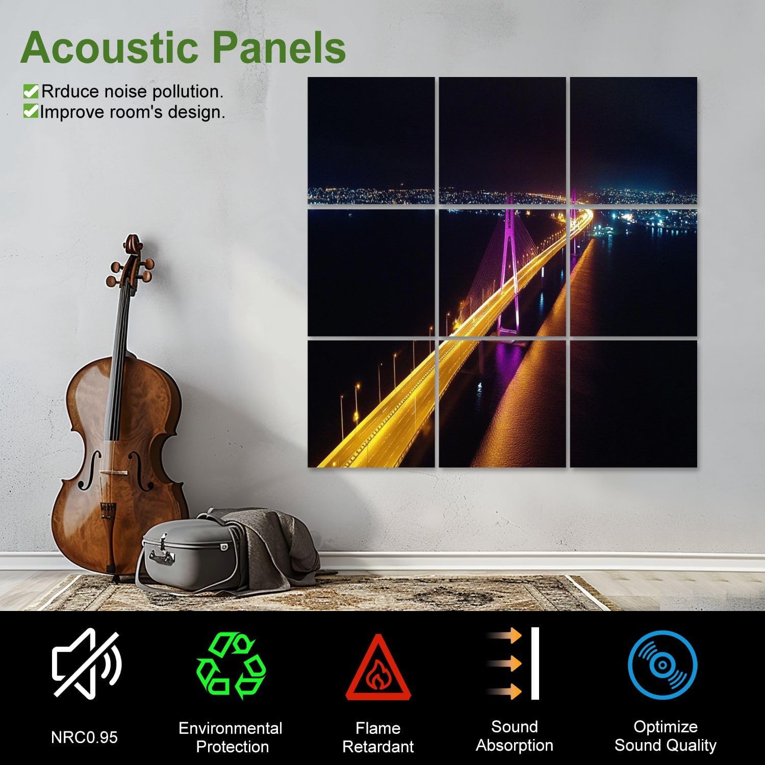 Art Acoustic Panels Self Adhesive Bridge lake maracaibo 9 Packs Decorative Soundproof Wall Panels Large Sound Absorbing Panels for Home Office 60