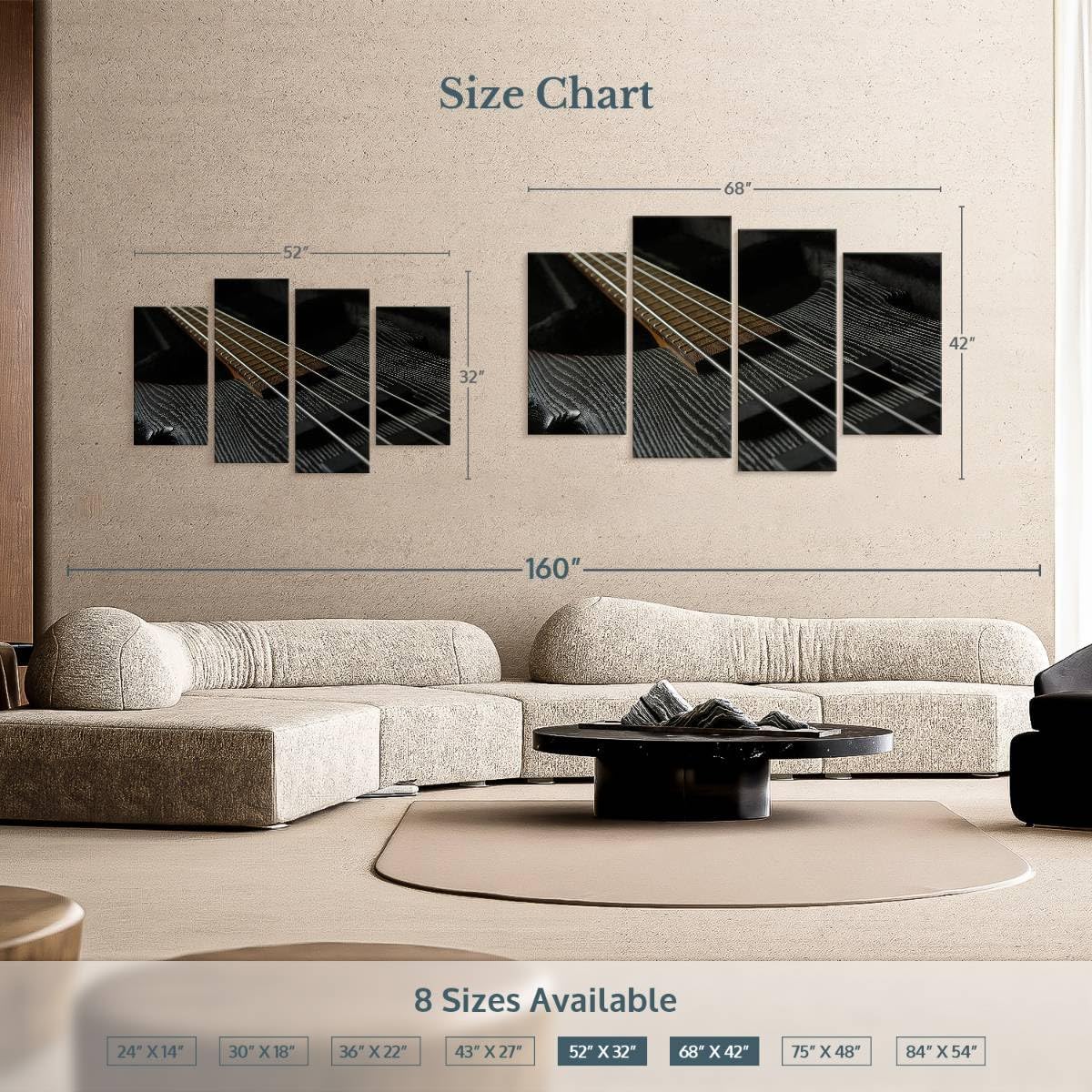 Elephant Stock - Bass Guitar Strings Wall Art - Horizontal Multi Panel Canvas - 4 Piece Living Room Wall Decor - Photography Music Multi Piece Wall Art - Black And Brown Decor - 68