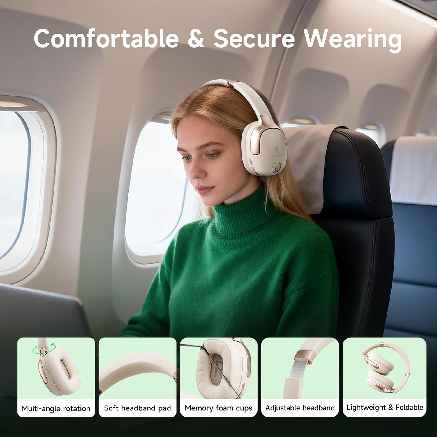 Wireless Hybrid Active Noise Cancelling Headphones, 50H Playtime Wireless Over Ear Headphones with Microphone, HiFi Deep Bass, Comfortable Foldable Earphones for Travel/Work (Off White)