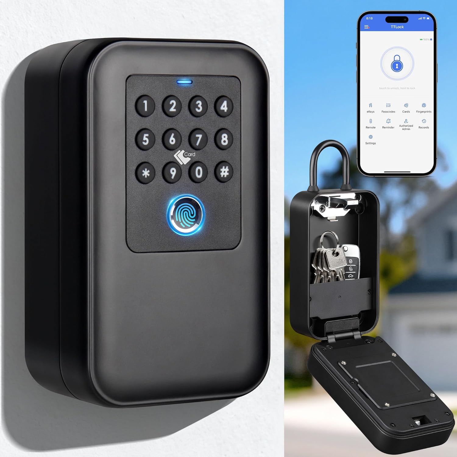 Fingerprint Smart Lock Box Bluetooth with TTLock App Control, IP65 Waterproof Key Safe with Silicone Keypad, USB-C & Manual Key Backup, Large Capacity for Home Airbnb Rental