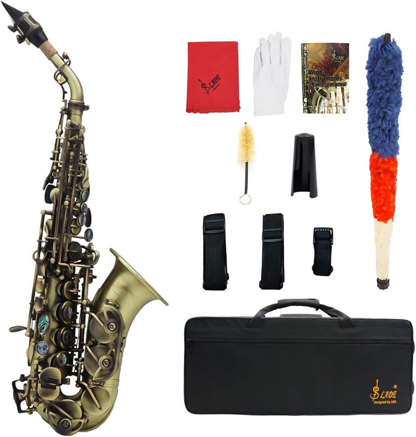 Vintage Style Bb Soprano Saxophone Sax Brass Material Woodwind Instrument with Carry Case Gloves Cleaning Cloth Brush Sax Strap Mouthpiece Brush