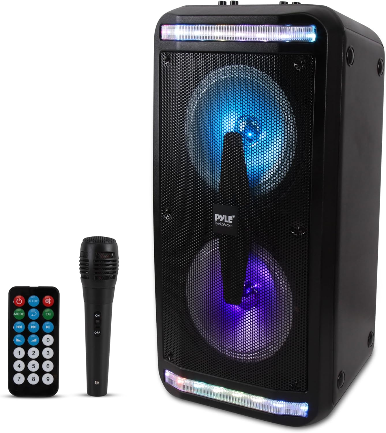 Pyle Bluetooth Speaker and PA System - Portable Stereo Karaoke System with Wired Mic, Built-in LED Party Lights, MP3/USB/Micro SD Readers, FM Radio, 8