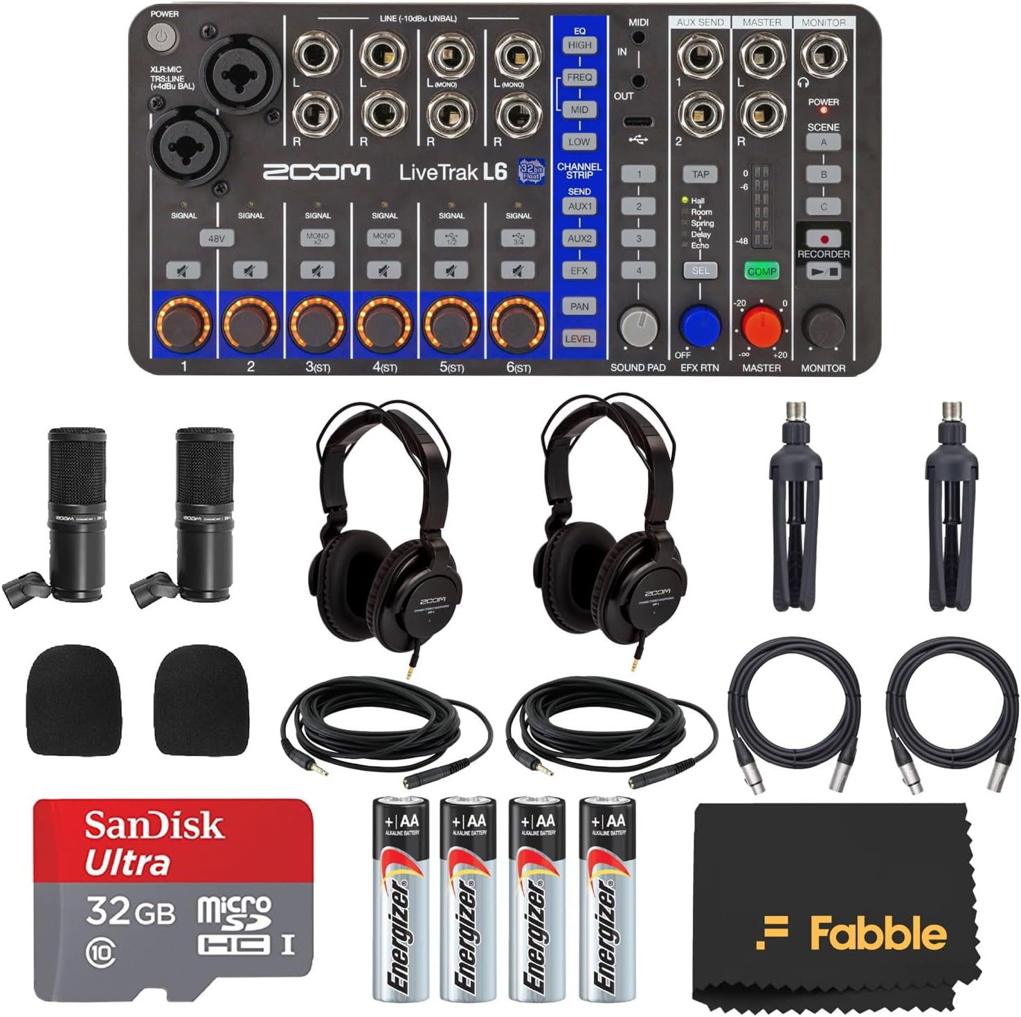 Zoom LiveTrak L6 Recording Bundle – 10-Channel Digital Mixer, 2 ZDM-1 Podcast Mic Packs, 32GB microSDHC Card, AA Alkaline Batteries, Microfiber Cleaning Cloth