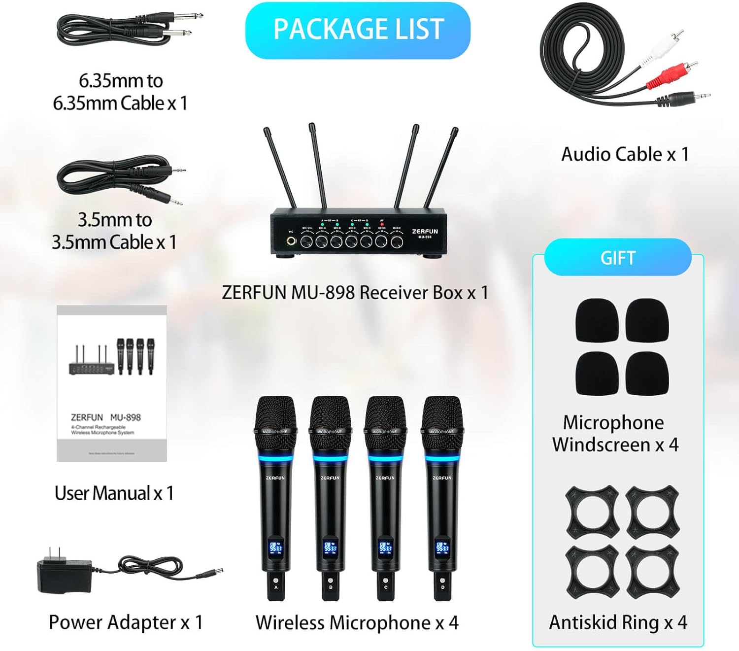 Rechargeable Wireless Microphone System 4 Channel Pro, UHF Metal Handheld Wireless Mics Cordless for Church Karaoke Singing with Bluetooth Echo Volume Control, 4x50 Frequency(MU-898)