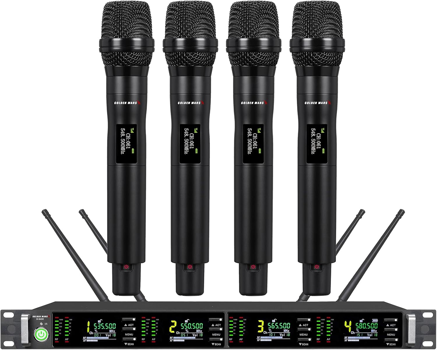 Wireless Microphone System, Quad Channel Wireless Mic, w/ 4x50 UHF Frequencies, Auto Scan, 328ft Long Range, 4 Handheld Dynamic Microphone for Singing, Church, Karaoke