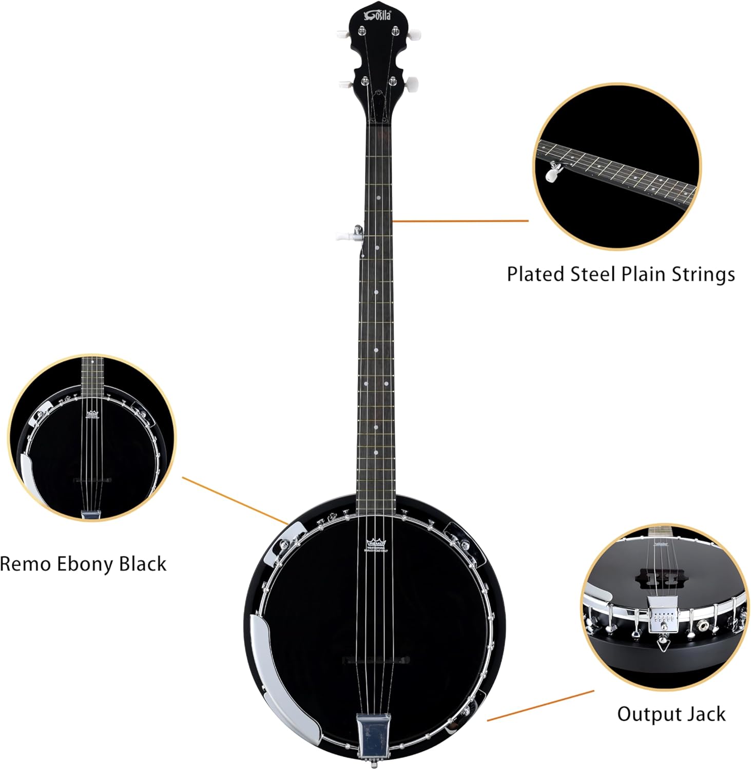 5 String Full Size Acoustic Electric Banjo Solid Back Remo Ebony Black Top Sapele Body Material Sapele Back Material Type Okoume Neck Material Type