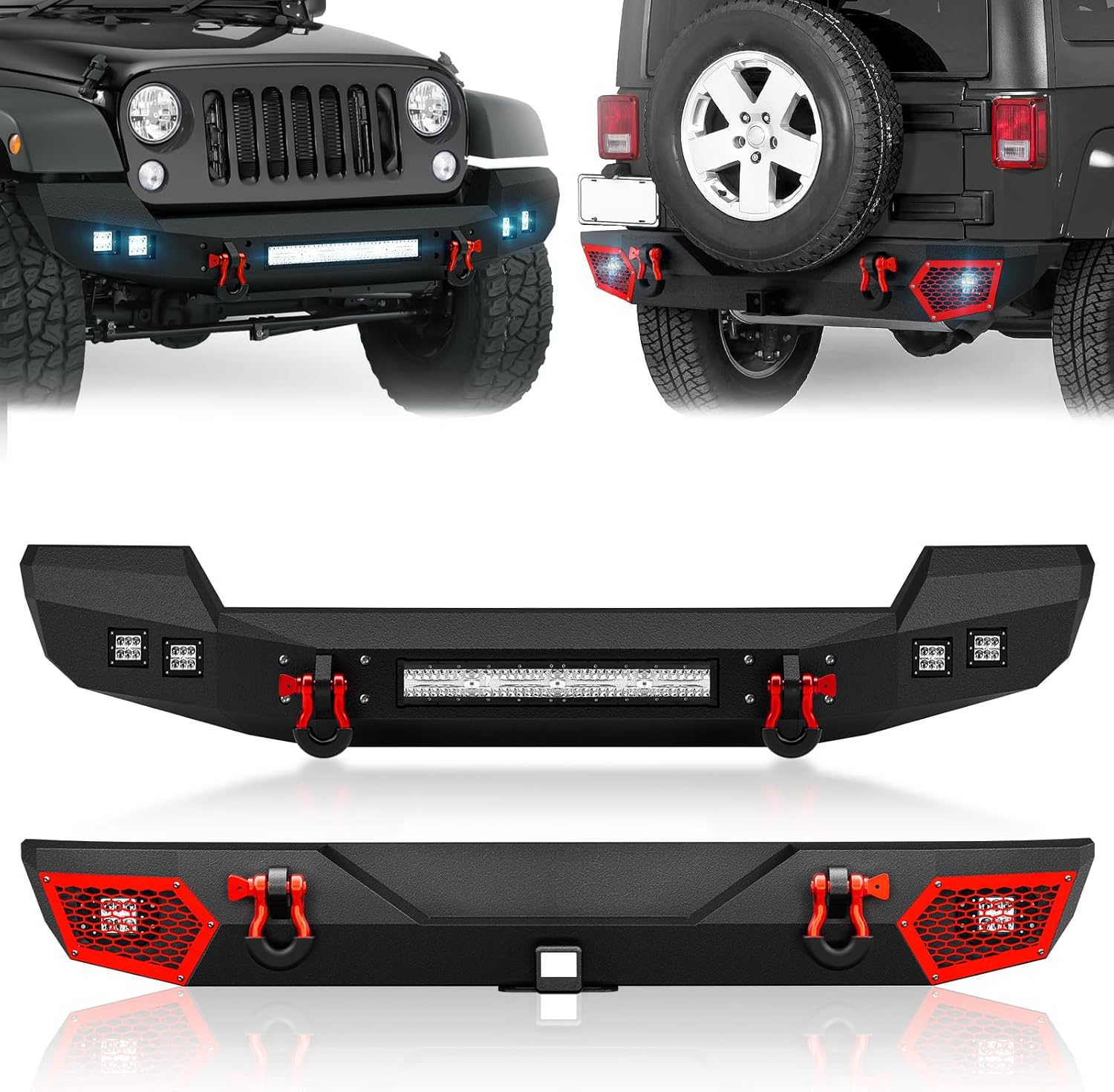 for JK Full Width Front & Rear Bumpers Compatible with 2007 2008 2009 2010 2011 2012 2013 2014 2015 2016 2017 2018 Jeep Wrangler JK JKU with LED Lights, Hitch Receiver, Paintable Armor & D-rings