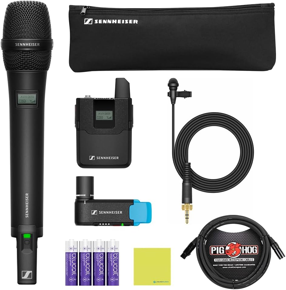 Liquid Audio Sennheiser AVX-Combo Set-4 Wireless Handheld Omnidirectional Microphone Bundle w/Pig Hog PHM10 8mm Mic Cable, 4-Pack Blucoil AA Batteries Polishing Cloth
