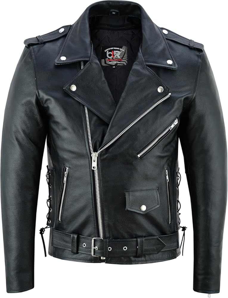 Men's Motorcycle Brando Leather Jacket 100% Cowhide Distressed Zip Up Leather Side Lacing Motorbike Jackets