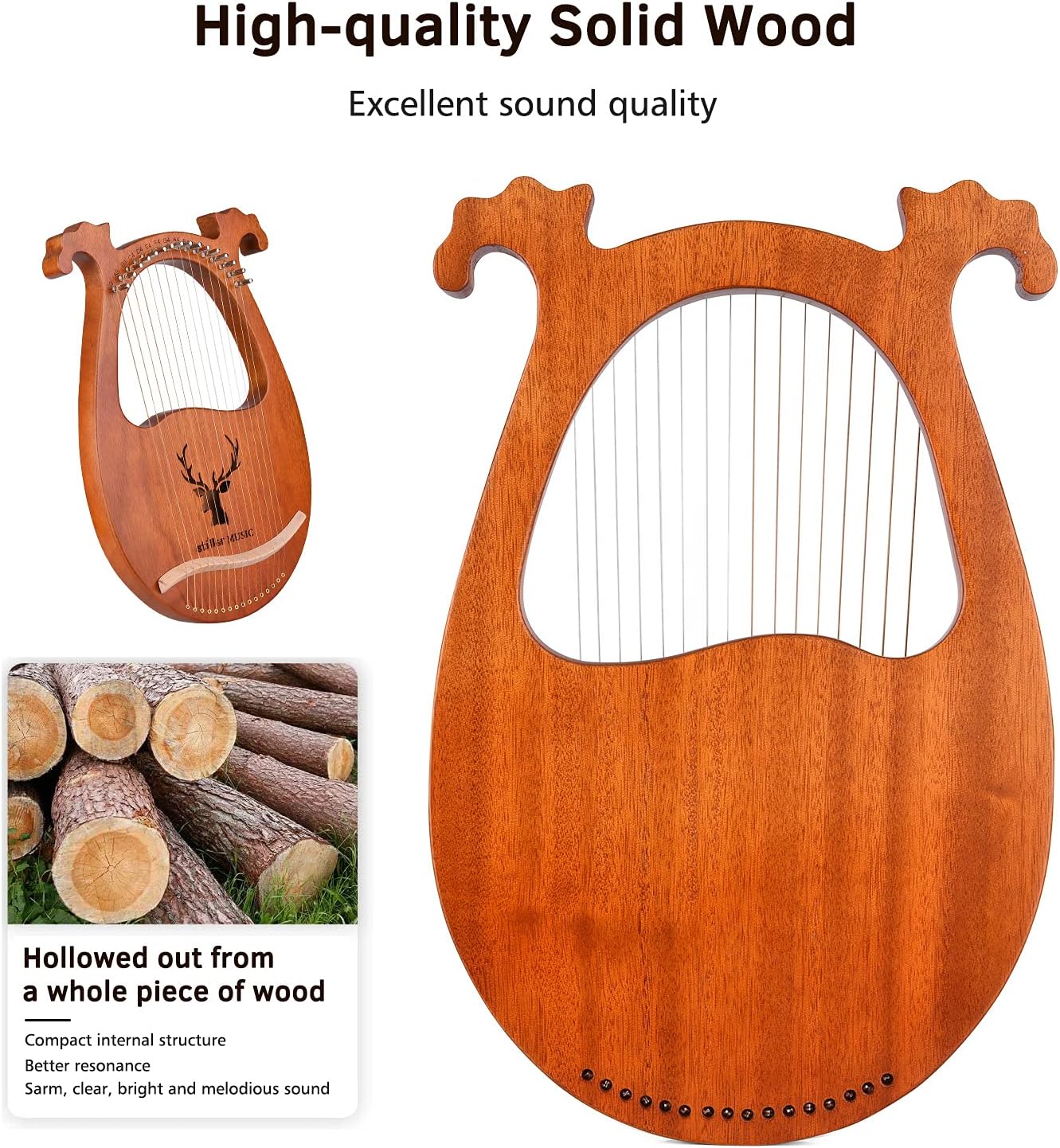 Lyre Harp, 16 String Lyre Harp Elk Pattern Solid Wood String Instrument Harp Harps with Tuning Hammer Strings Cleaning Cloth Picks for Beginners