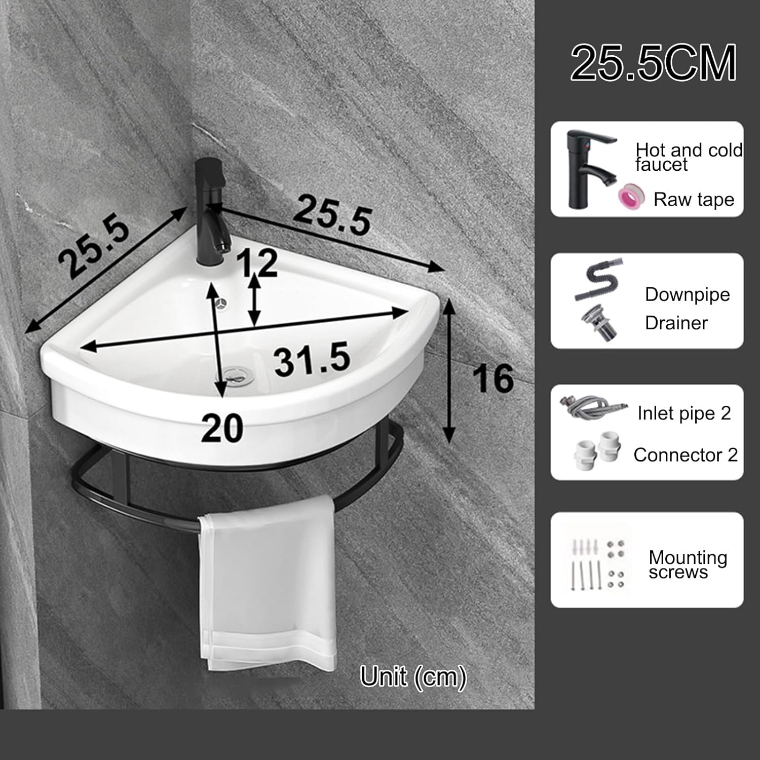 Wall Mount Bathroom Corner Sink, Small Triangle Mini Vanity Sink, Ceramic Utility Sink with Bracket, for Small Bathroom Vanity (White-25.5CM