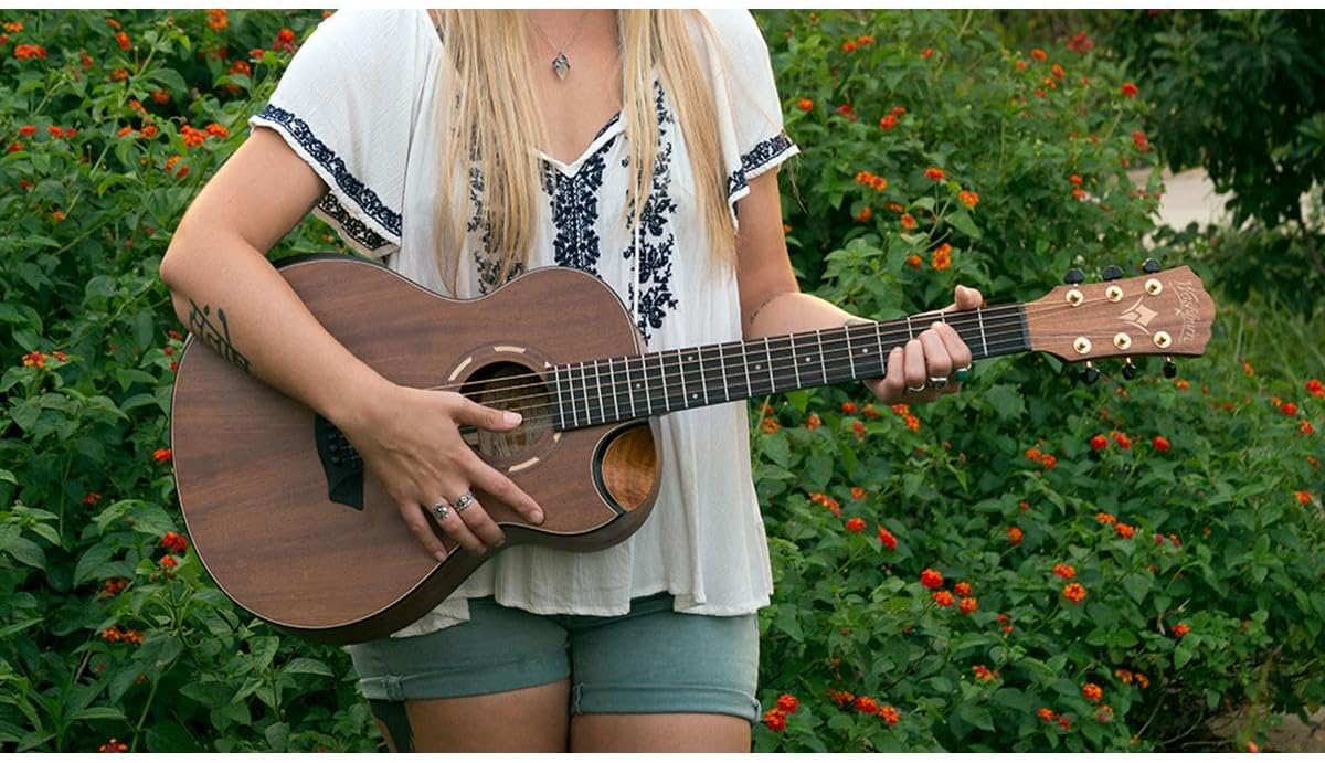Washburn Comfort G-Mini 55 Koa Travel Size Acoustic Guitar, Natural
