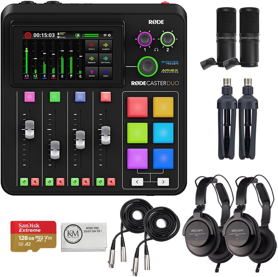 RODECaster Duo Integrated Audio Production Studio Bundled with 2 x Podcast Mic Packs + 128GB Micro-SD Card + Cleaning Cloth (4 Items)