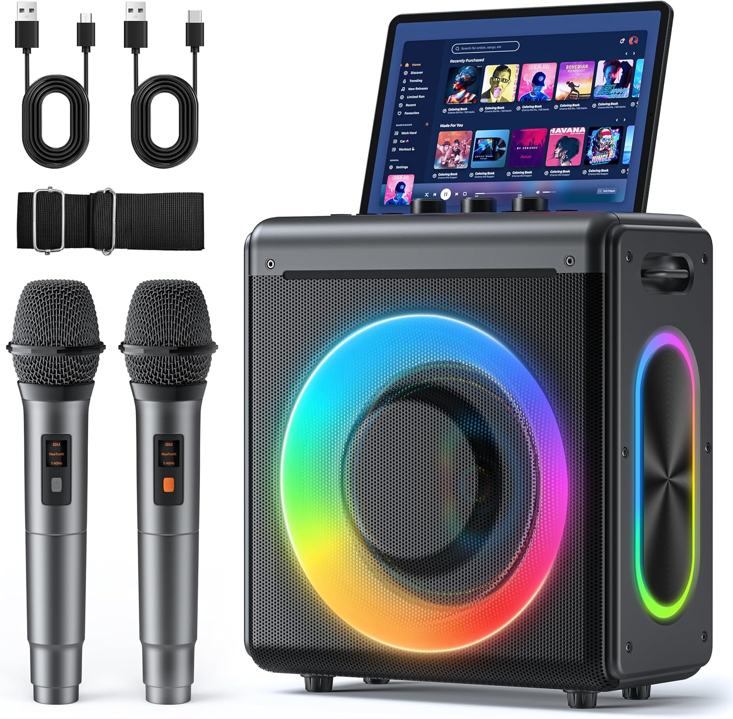 Karaoke Machine with 2 Wireless Microphones: Portable Bluetooth Speaker for Adults & Kids - PA System with Lights Supports TWS/TF Card/USB/AUX for Home Party-Stage Subwoofers