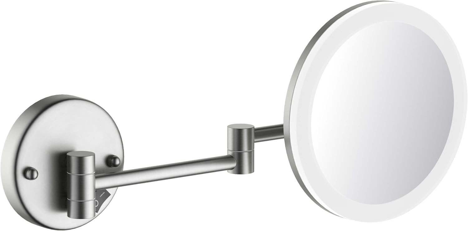KIBI LED Wall Mount Makeup Mirror, 5X Magnification, One-Sided, Circular Lighted Mirror with Adjustable Arm | Magnifying Vanity Mirror with Light for Bathroom or Bedroom (Brushed Nickel, KMM102)