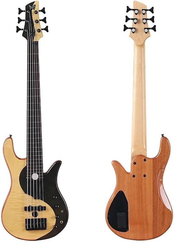 Fretless 6-String Electric Bass Guitar, 43-Inch High Gloss White Maple with Black Flame Maple, Solid Mahogany Body