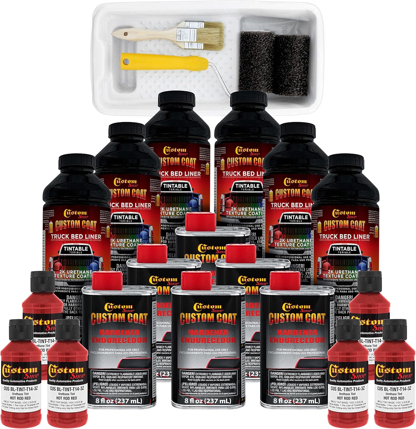 Custom Coat Hot Rod Red 1.5 Gallon (6 Quart) Urethane Roll-On, Brush-On or Spray-On Truck Bed Liner Kit with Roller and Brush Applicator Kit - Easy Mixing - Textured Car Auto Protective Coating