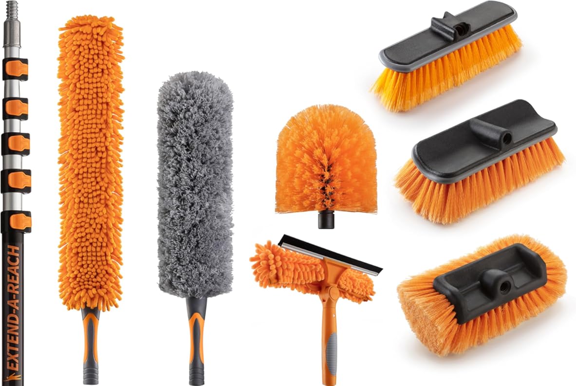 20 Foot High Ceiling Duster and Brush Kit with 7-24 ft Extension Pole // Telescoping Duster, Window Squeegee and Cobweb Duster with Exension Pole // Interior and Exterior House Cleaning Brushes